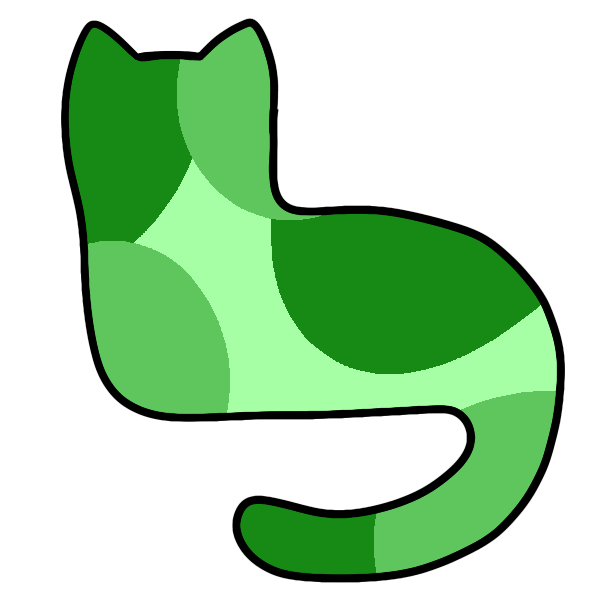 green silhouette of a cat lying down with its head up and tail curved below. it has splotches in a darker and medium-dark color